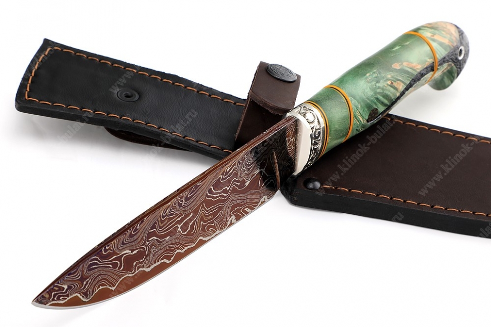 Нож Глухарь (ламинат воронёный - 9ХС и дамаск с никелем, рукоять стабилизированный кап клёна, фибра, мозаичный пин)