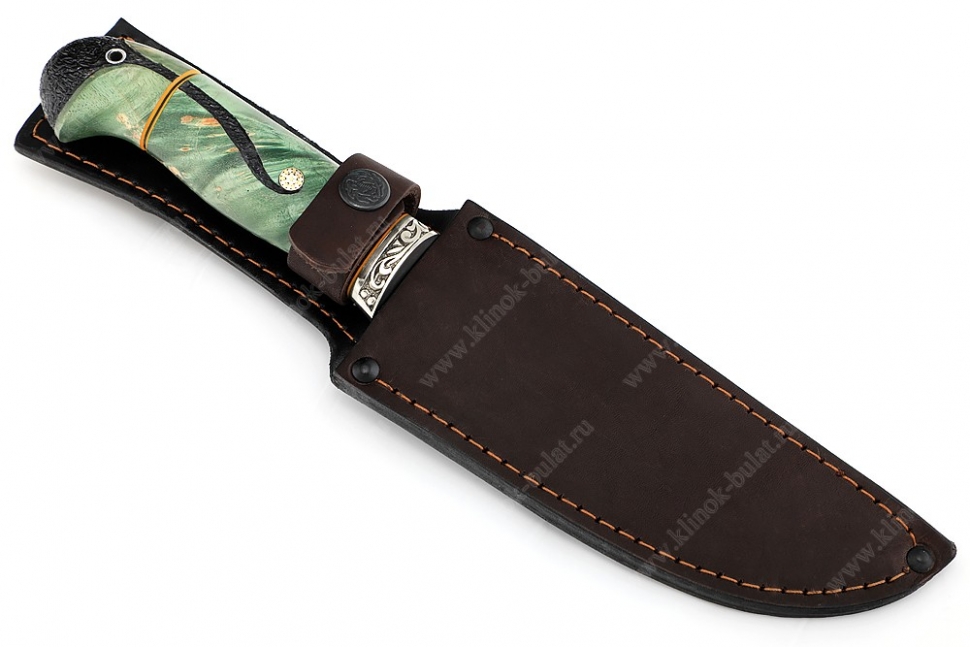 Нож Глухарь (ламинат воронёный - 9ХС и дамаск с никелем, рукоять стабилизированный кап клёна, фибра, мозаичный пин)