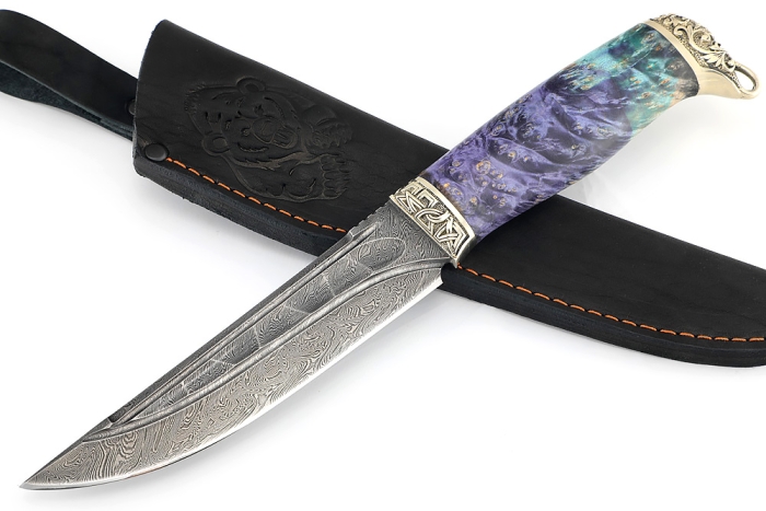 Нож Стрела (дамаск камень долы, мельхиор, кап клена фиолетовый)