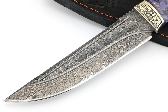 Нож Стрела (дамаск камень долы, мельхиор, кап клена фиолетовый)