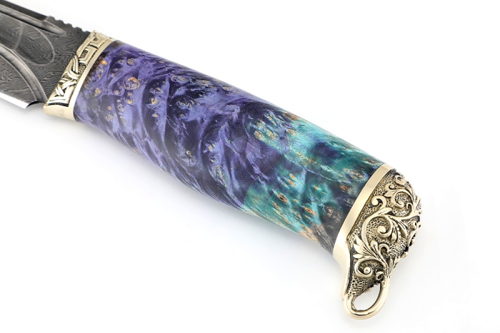 Нож Стрела (дамаск камень долы, мельхиор, кап клена фиолетовый)