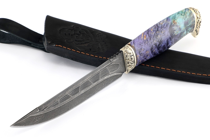 Нож Стрела (дамаск камень долы, мельхиор, кап клена фиолетовый)