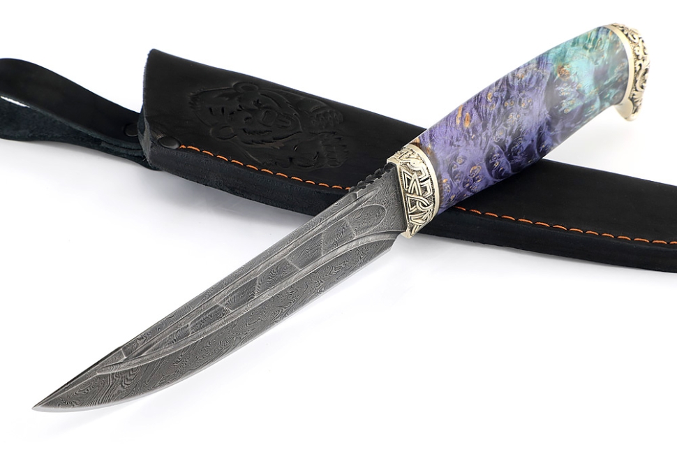 Нож Стрела (дамаск камень долы, мельхиор, кап клена фиолетовый)